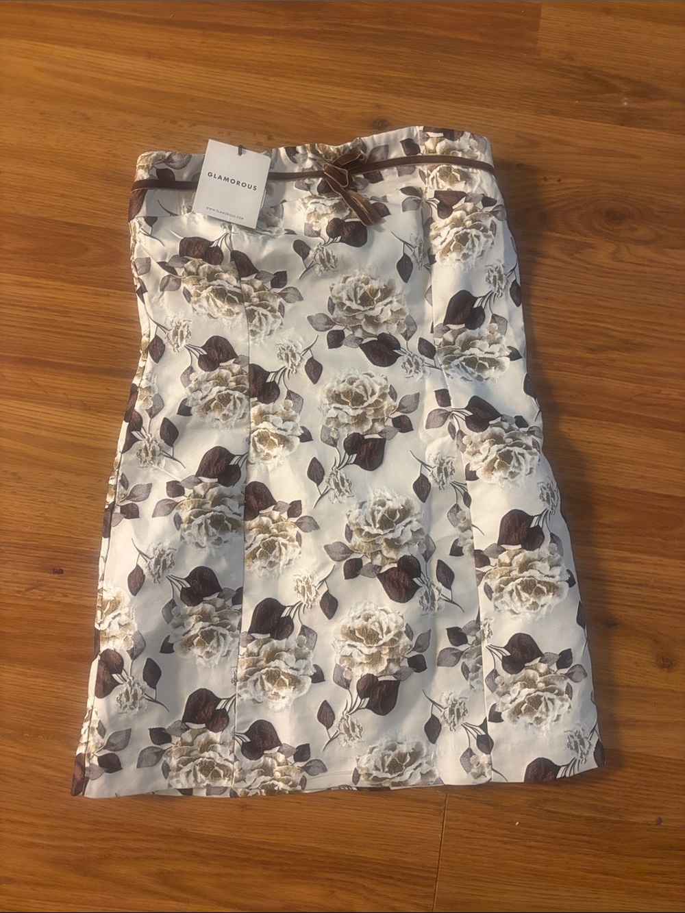 Glamorous Cream and Brown Floral Satin Mini Dress with Corset Back NWT